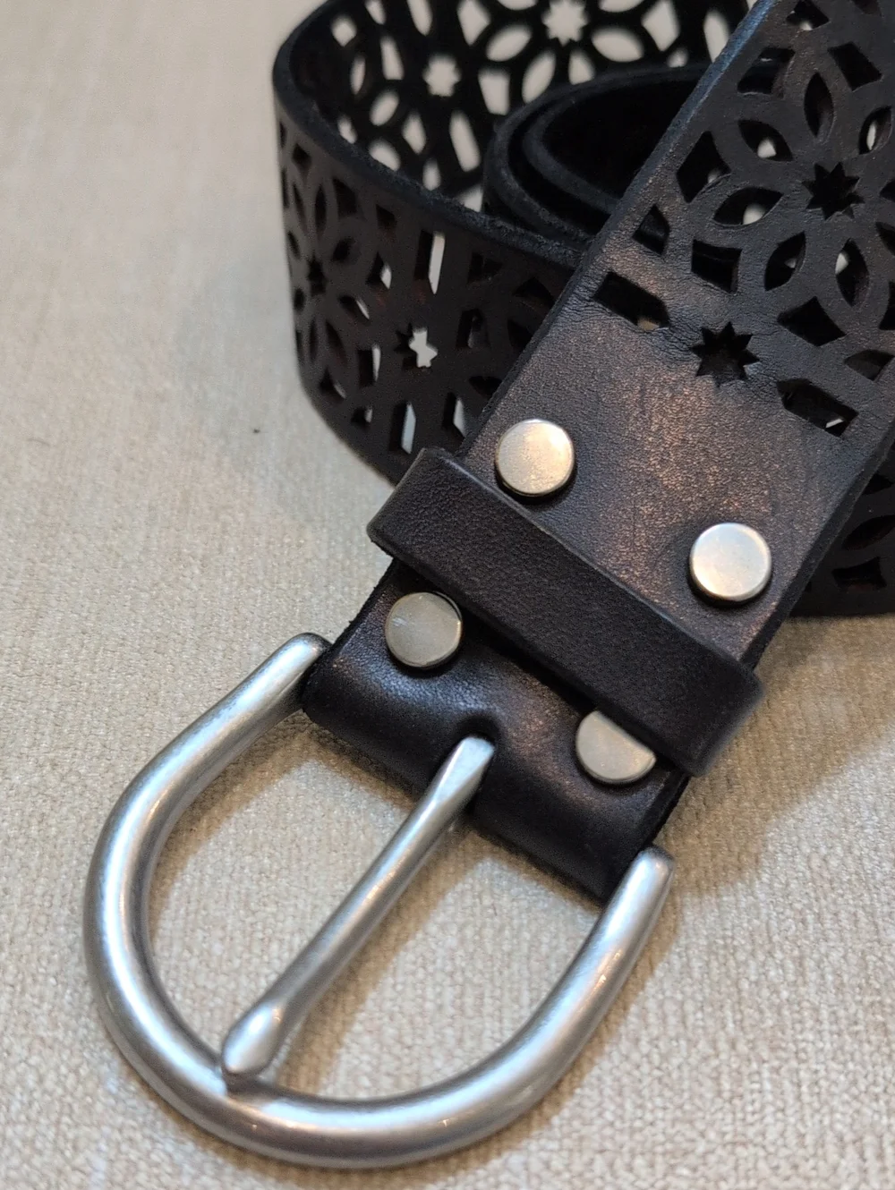 Black Laser-Cut Floral Leather Belt Silver Buckle Adjustable